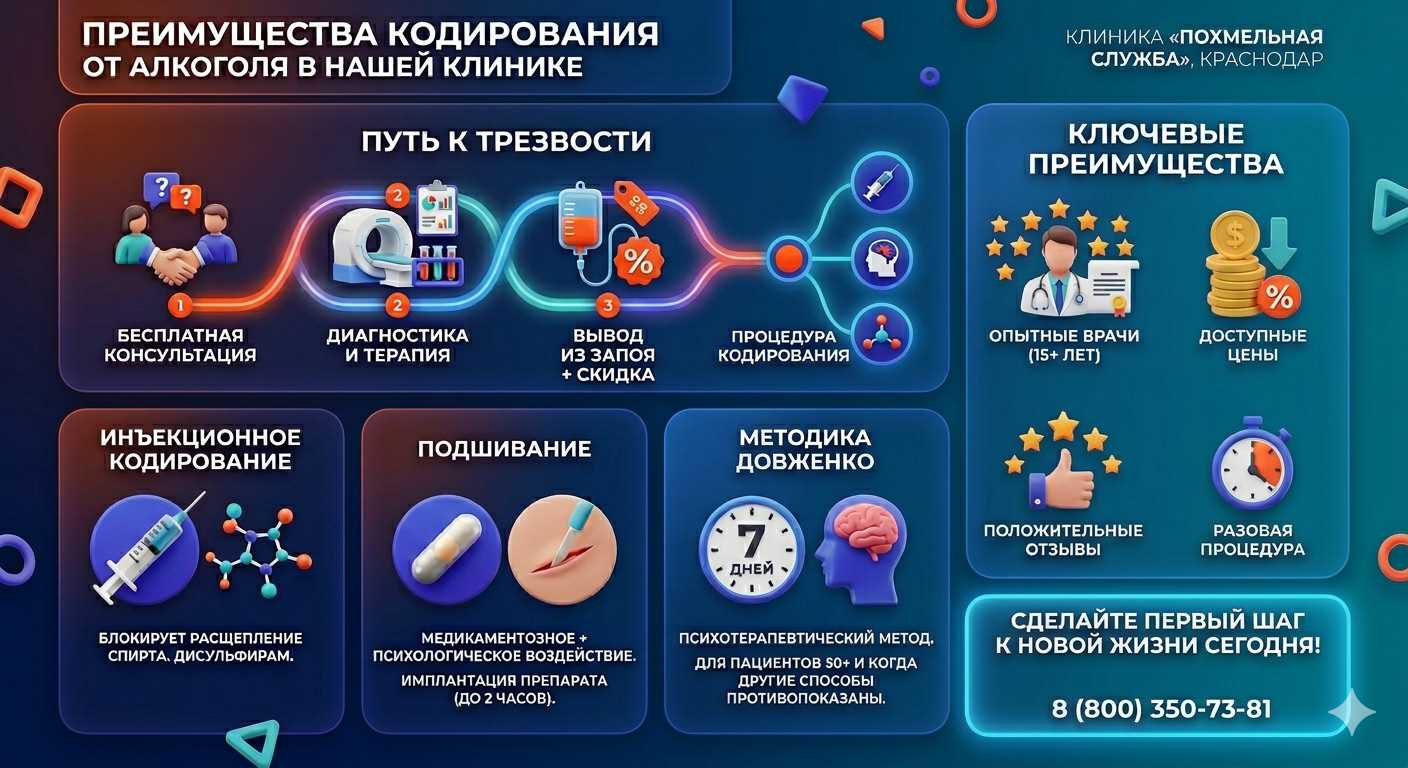 Инфографика о методах кодирования от алкоголя в Кронштадте: инъекции, подшивание, метод Довженко. Преимущества клиники и этапы лечения.