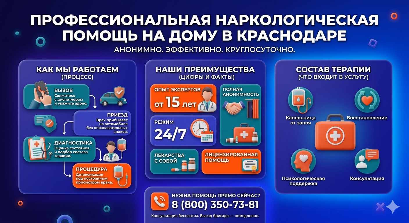 Инфографика о принципах лечения алкоголизма на дому в Кронштадте: этапы вызова нарколога, преимущества анонимной детоксикации и состав медицинской помощи.